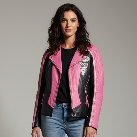 Shebang Jackets & Blazers - SHEBANG Pink Genuine Leather‎ Moto Jacket
